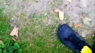 German Babe Balances Outdoors In Sheer Pantyhose