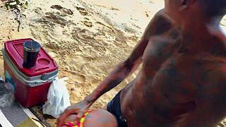 wife and trans fuck hard on public beach