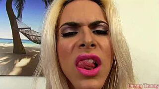 Blonde tgirl Barbara Perez enjoys dildo play and cumming