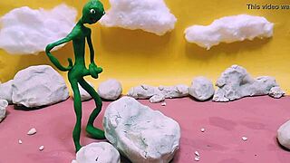 Alien monster jerks huge cock outdoors with toys