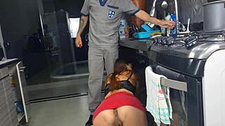 Woman in skirt receives visitor and poses outside