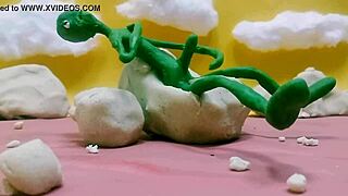 Alien monster jerks huge cock outdoors with toys