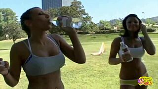 Hot athletic chicks cool off in the pool before licking each others cunts