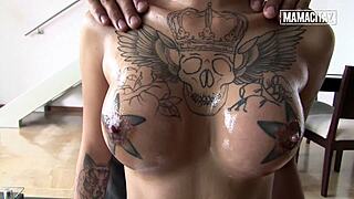 Inked latina with oiled tits and glasses gives sloppy deepthroat