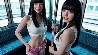 Lesbians enjoy tribbing and dildo play on train