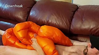 Humping leather sofa and wanking with a jacket