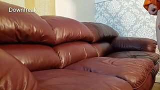 Humping leather sofa and wanking with a jacket