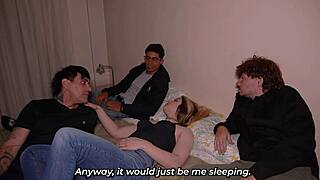 Friends arrive home after a party and end up having a threesome
