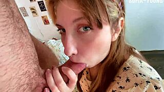 horny russian teen deepthroats then rides cock hard