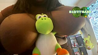 Busty lady keeps items under boobs
