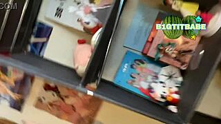 Busty lady keeps items under boobs