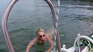 mature woman swims naked outdoors