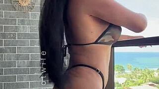 married woman tries sheer new bikinis outdoors