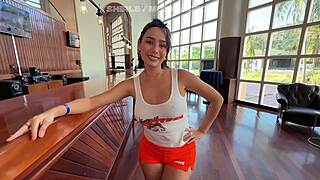 Innocent hooters waitress fucks hard after work