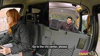 Redhead cums hard from oral in taxi pov