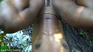 Skinny ebony woman fucked in forest stream outdoors