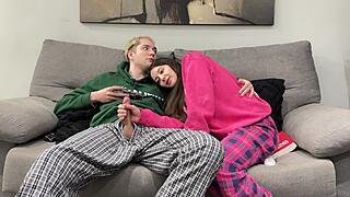 Step Brother Jerks Off Beside Sister, Gets Handjob Instead of Her Boring Book Reading